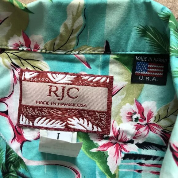 Vintage RJC Hawaiian Shirt Men Size Large L Made in USA Hawaii Flamingo Teal - Picture 3 of 5